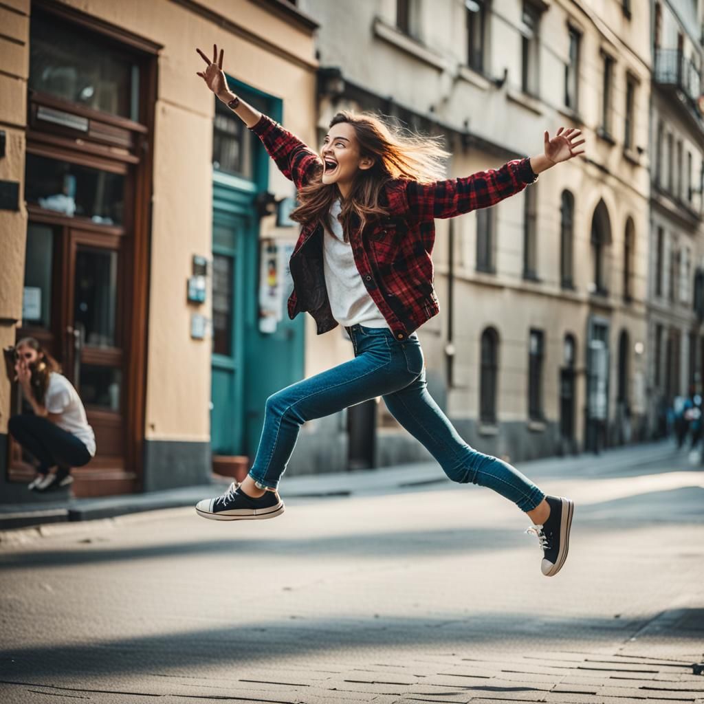 Hipster Model Mid-Jump on City Street