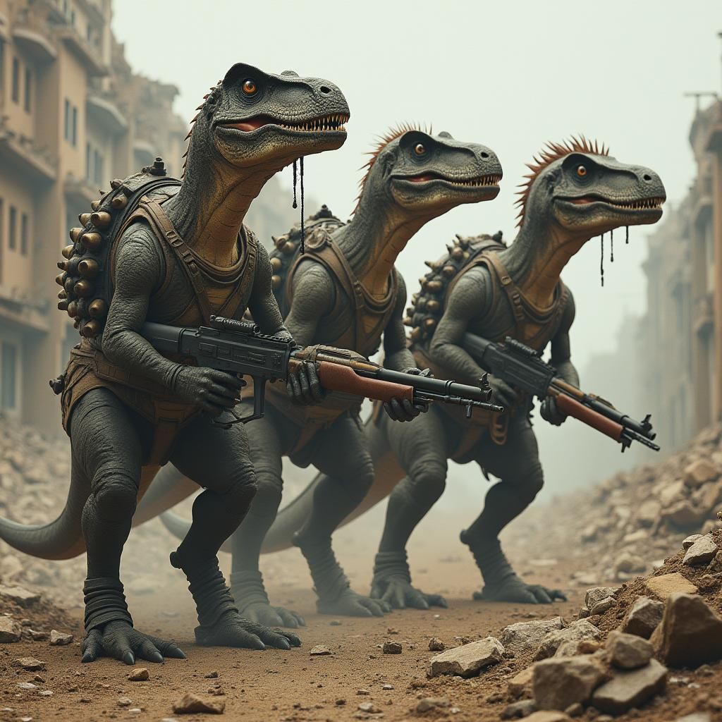 Velociraptors in Military Uniforms on Battlefield