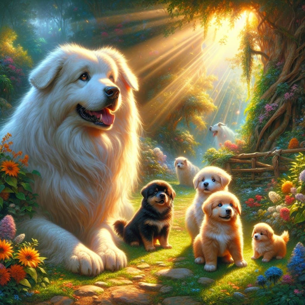 Dog Family in Sunny Garden: Fantasy Concept Art