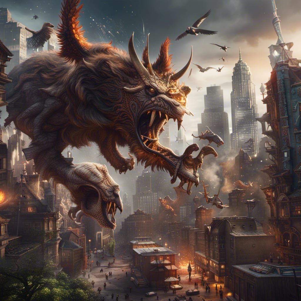 Wild Animal Attack on City: Detailed Matte Painting