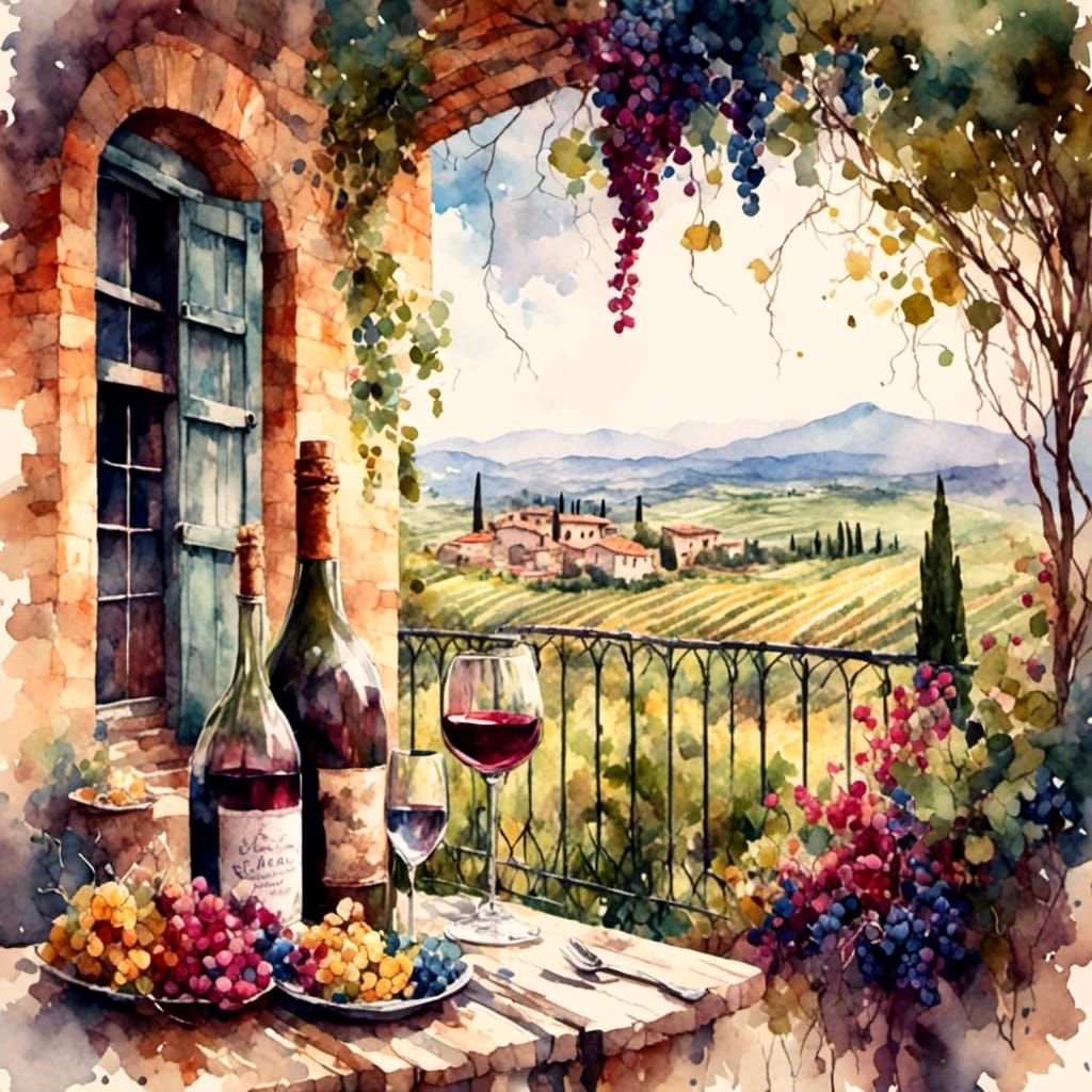Italian Vineyard View from Balcony in Watercolor Style