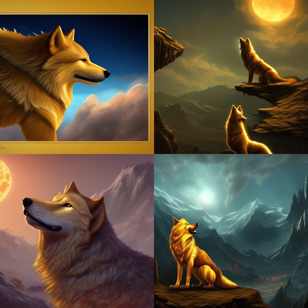 Golden Wolf Gazing at Night Sky in Detailed Painting