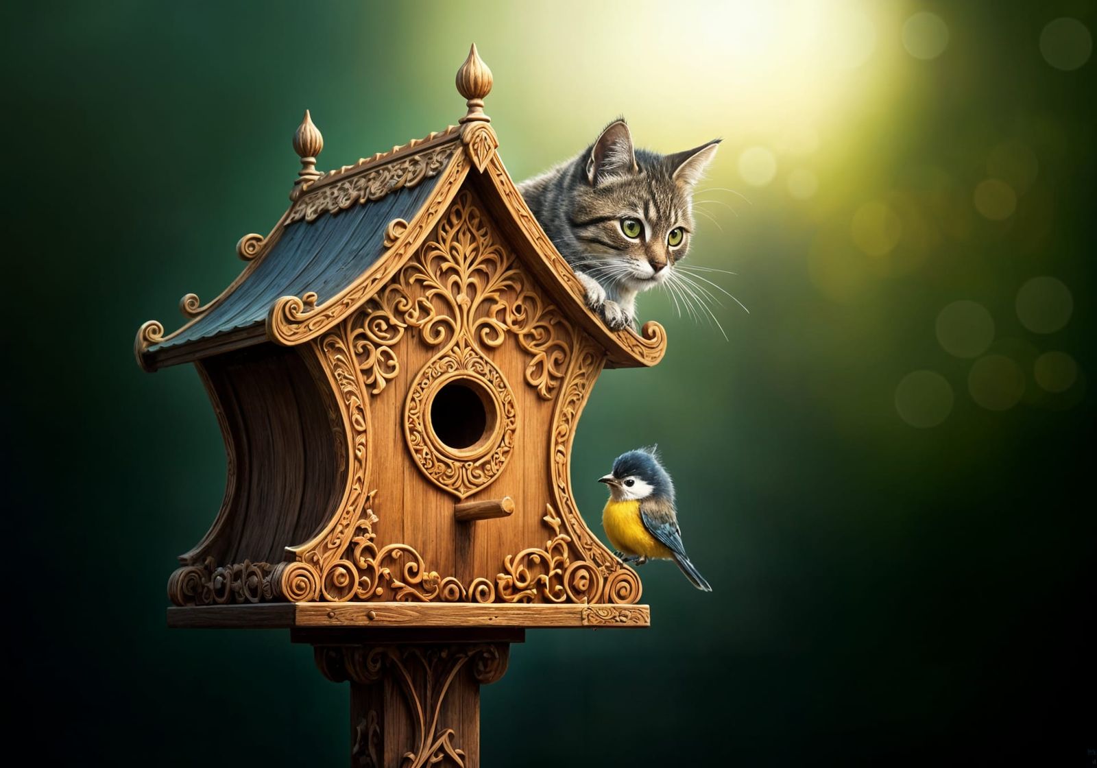 Cat and Bird in Surreal Birdhouse Digital Art