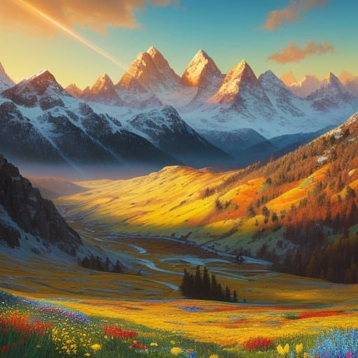 Golden Hour Alpine Landscape with Wildflowers