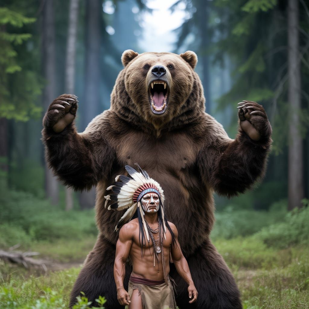 Native American Warrior vs. Grizzly Bear in Anime Style
