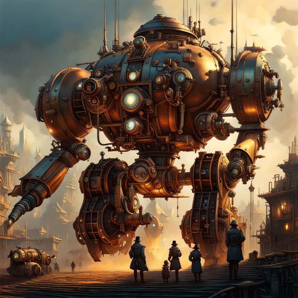 Detailed Steampunk Mecha Robot Digital Painting