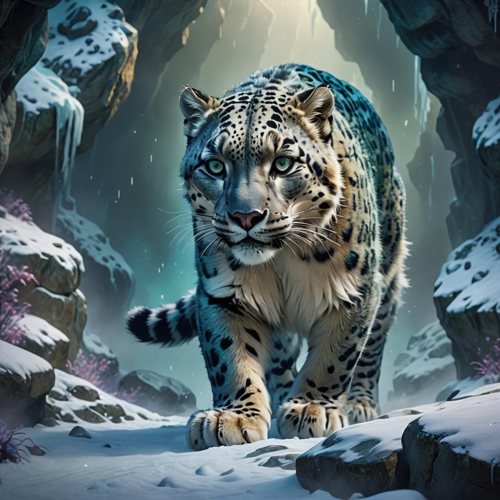 Clouded Snow Leopard in Icy Caverns: Fantasy Art