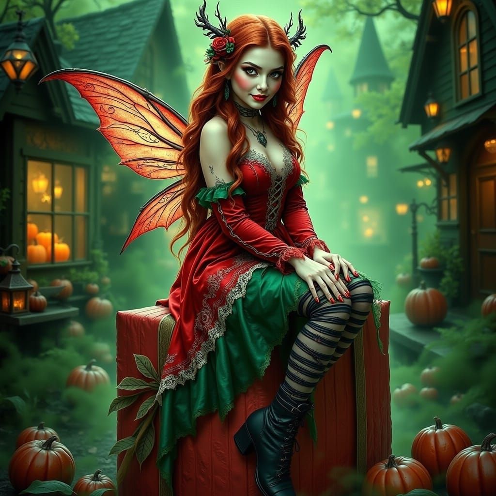 Whimsical Christmas Elf in Vibrant Red and Green Dress