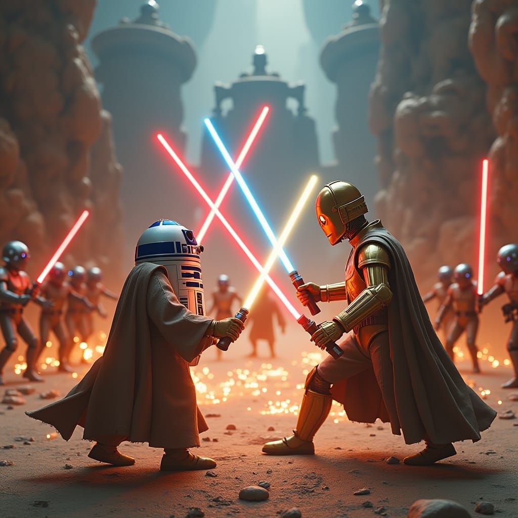 R2-D2 and C-3PO as Jedi Warriors