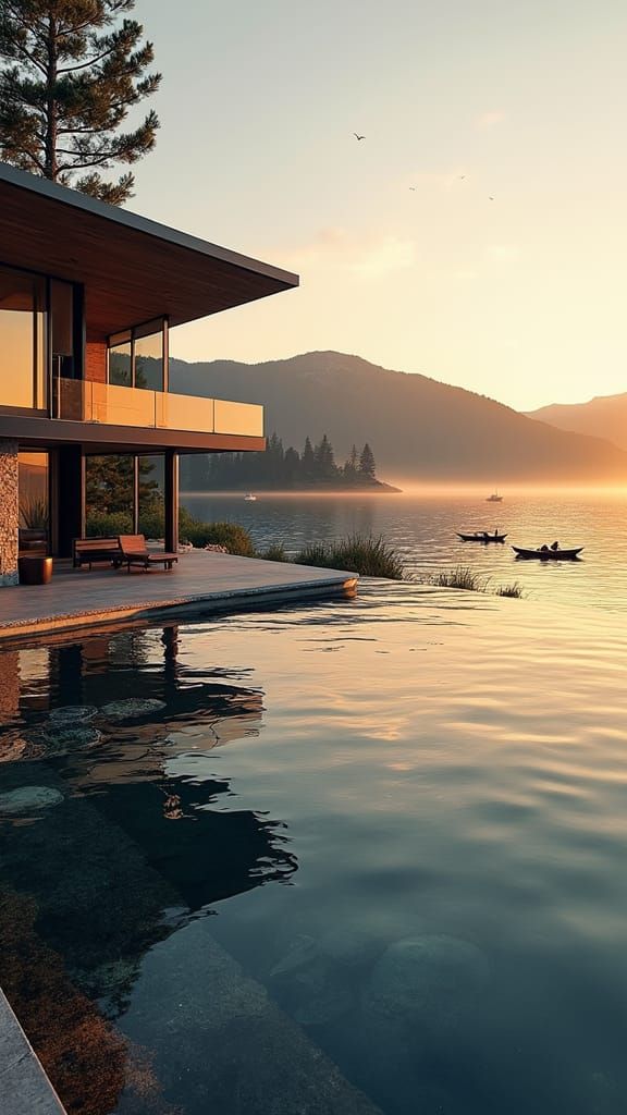 Modern Lakefront Villa at Sunset