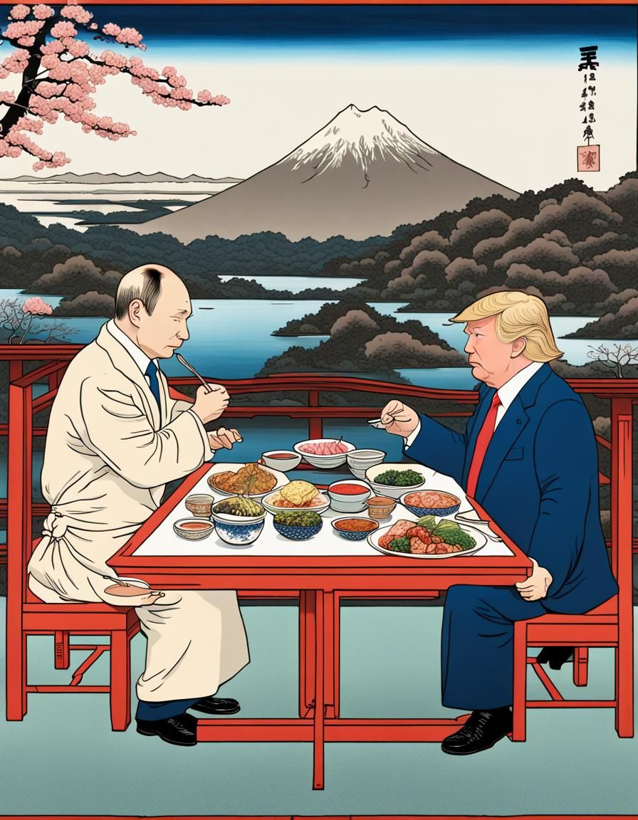 Putin and Trump Dine, Hiroshige-Style Landscape