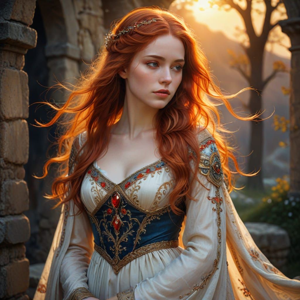 Medieval Fantasy Maiden with Long Red Hair