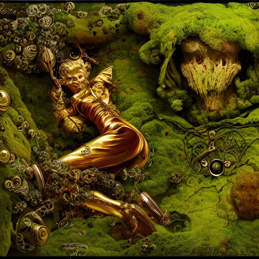 Moss Covered Golden Skeleton in Hyperrealistic Style