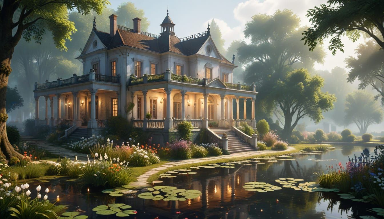 Fantastical White Manor House in Forest Setting