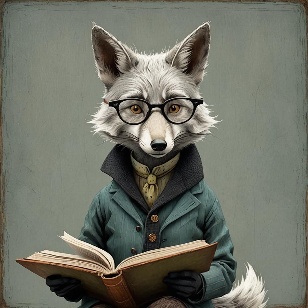 Whimsical Silver Fox Reads a Book