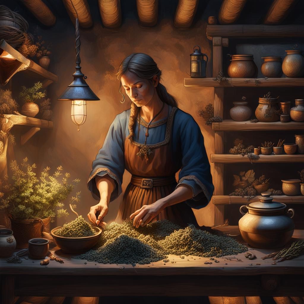 Medieval Healer Prepares Herbs in Cozy Fantasy Scene