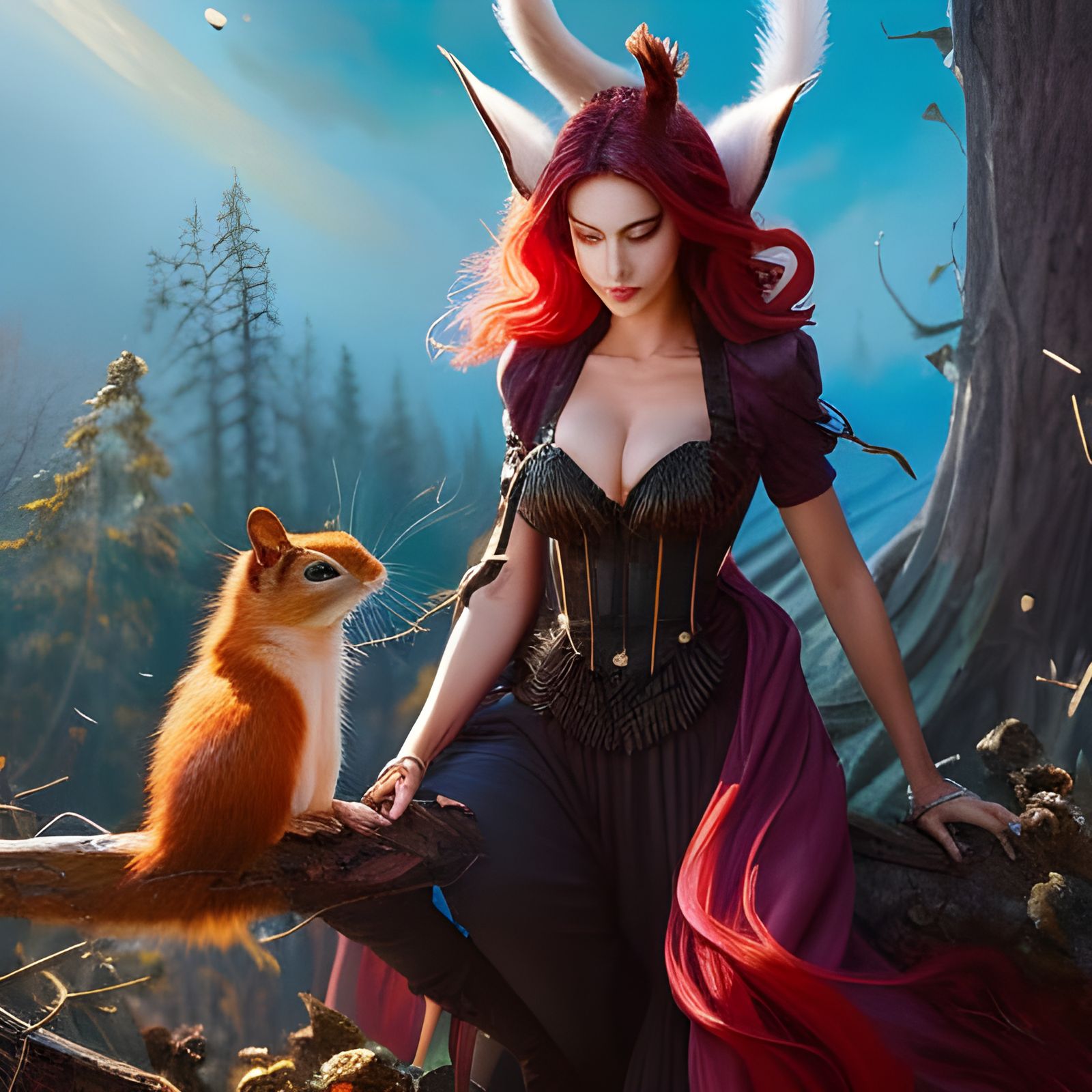 Squirrel Woman Casting Magic, Digital Oil Painting