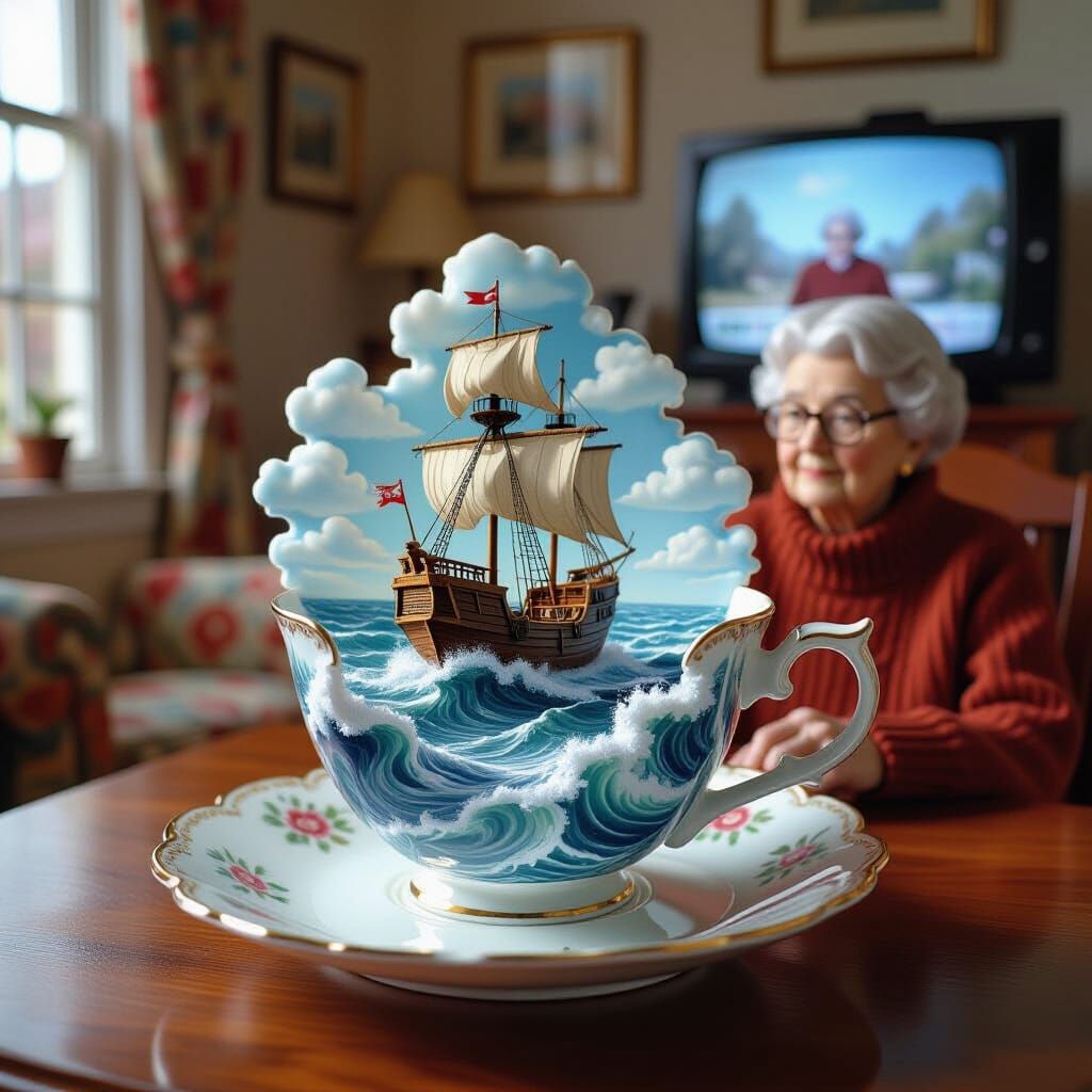 Stormy Teacup Scene in Vermeer, Rockwell, and Miyazaki Style