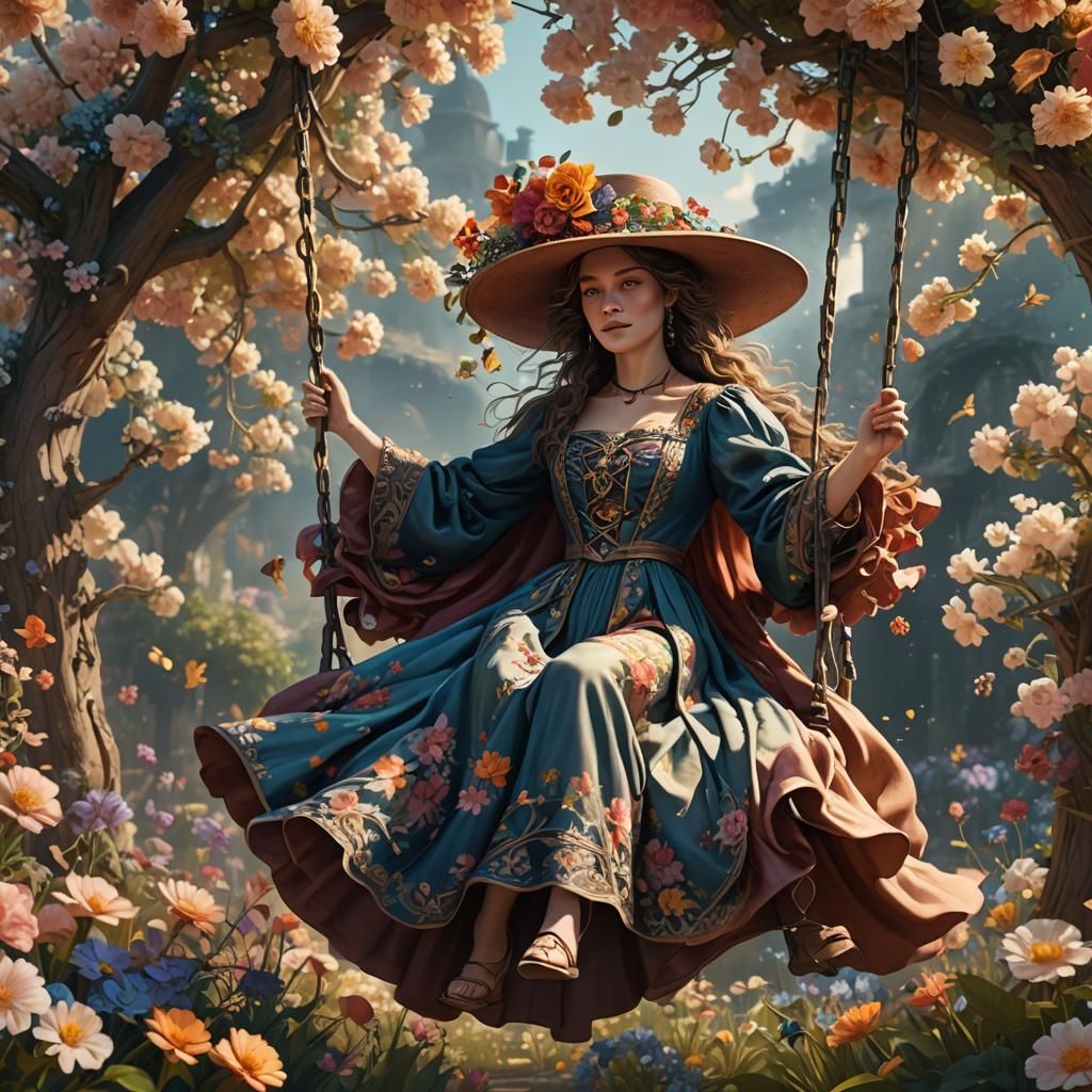 Renaissance Woman Swinging in Flower Bed