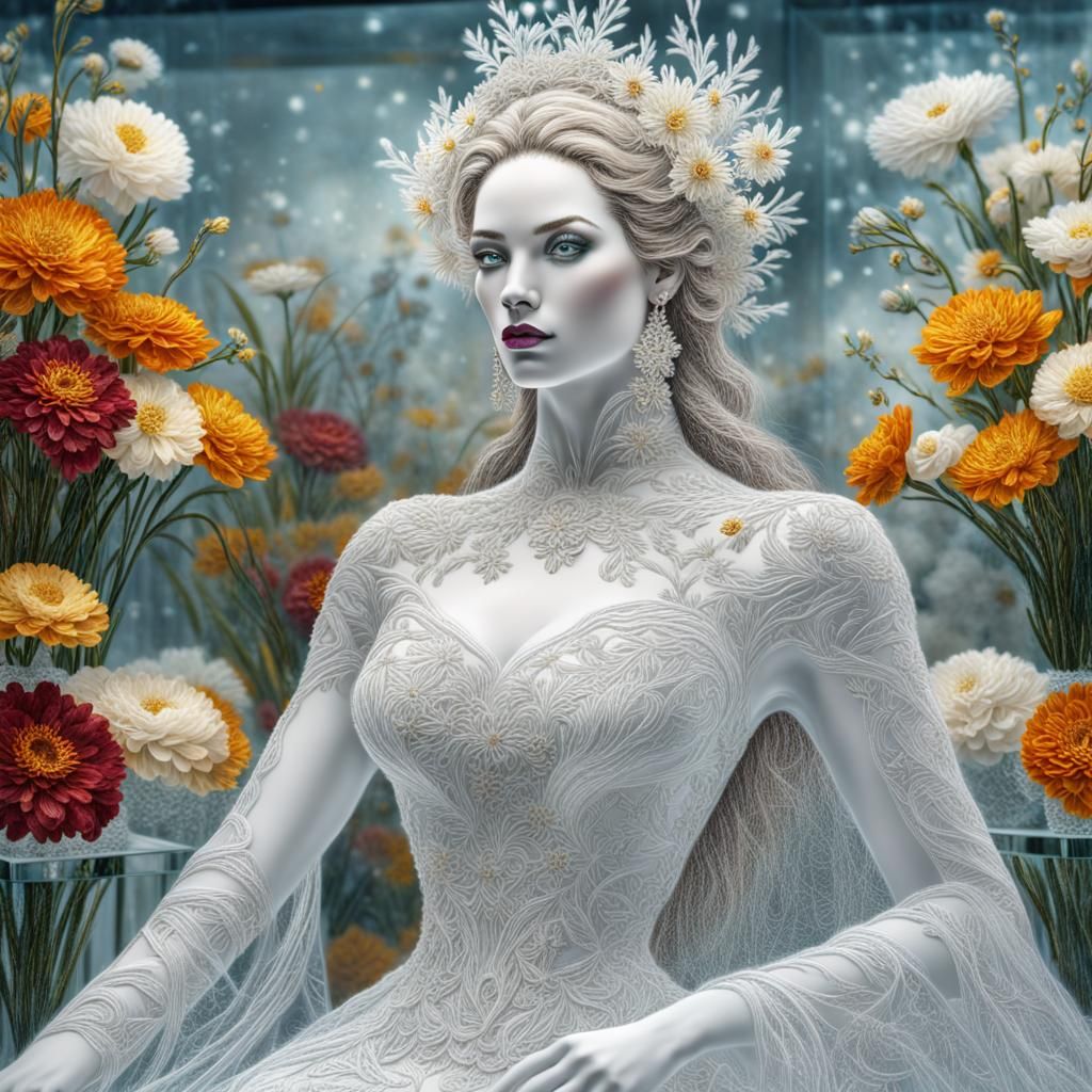 Snow Queen Sculpture with April Flower Embroidery