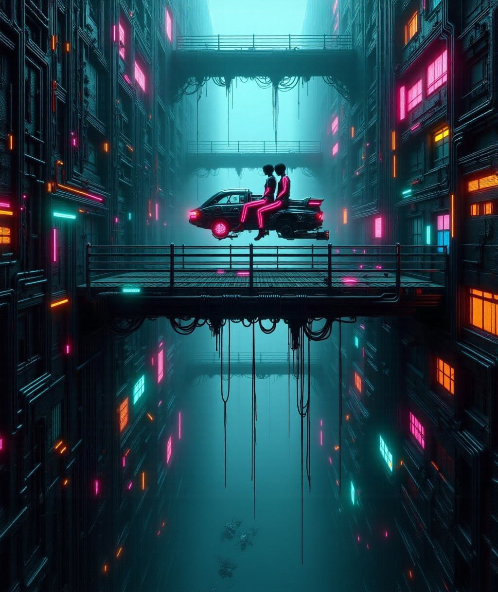 Cyberpunk Youths on Hover Bike in Neon City