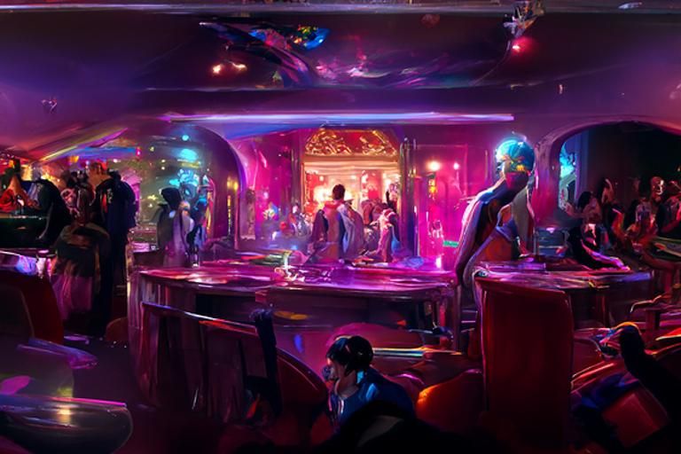 Disco club filled with disco dancers, DJ booth in the background