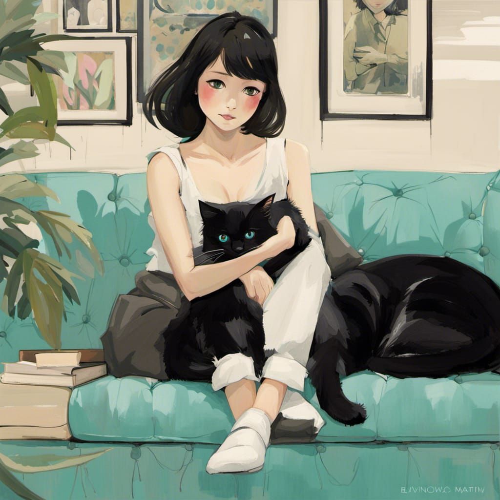 Black-Aqua Cat in Living Room, Painterly Style