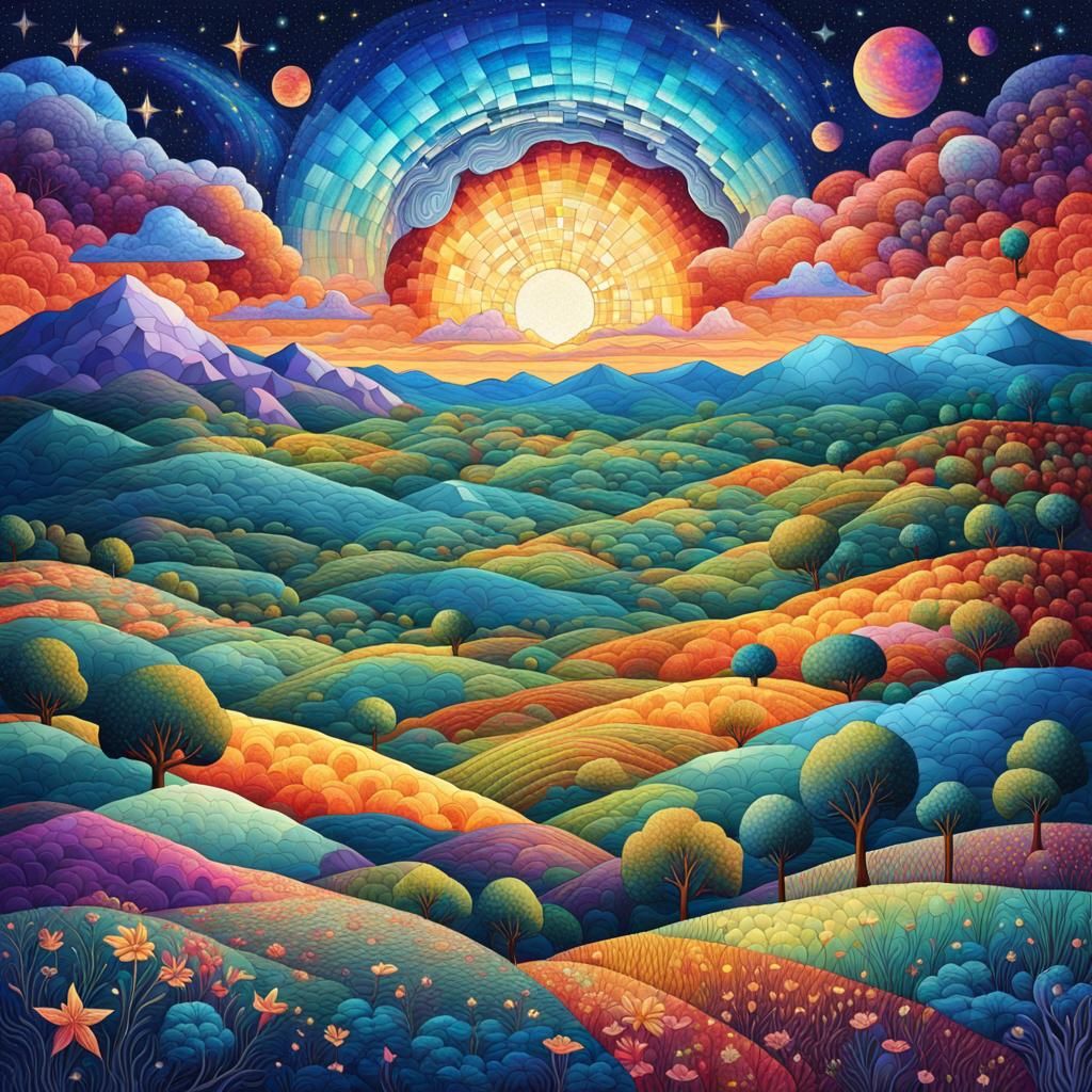 Quilted Landscapes in Vibrant Mixed Media Style
