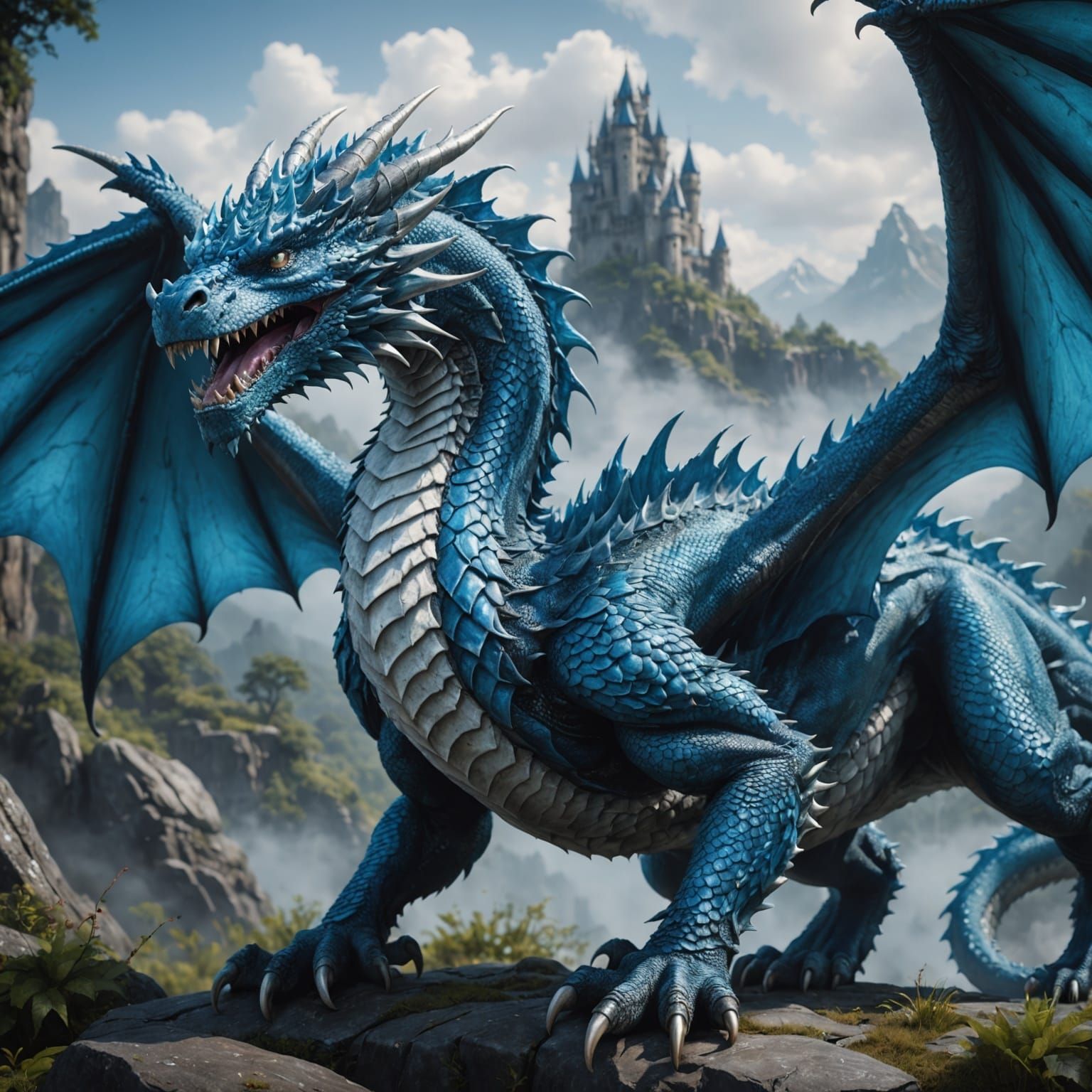 Majestic Misty Blue Dragon in Deep Fantasy Art Style