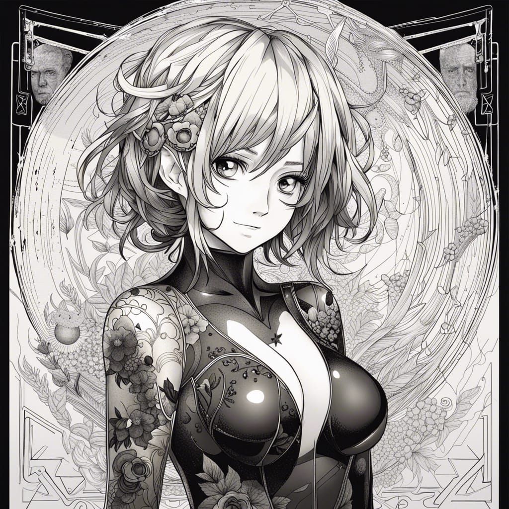 Monochrome Manga Girl in Detailed Ink Lines