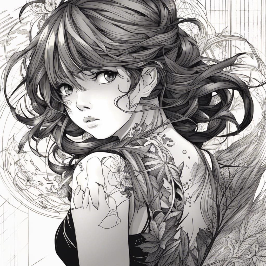 Monochrome Manga Girl in Golden Ratio Ink Art