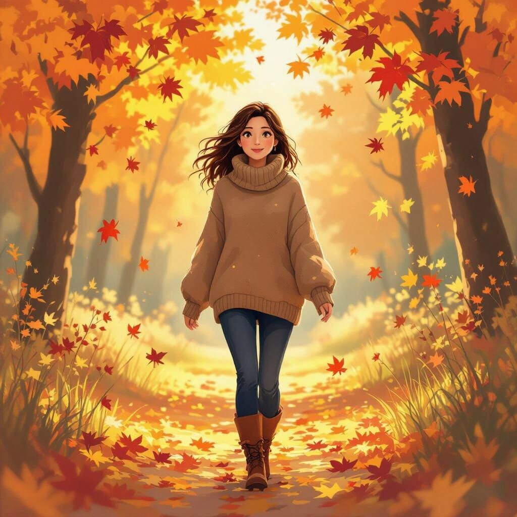 Woman Walks Through Autumn Leaves in Whimsical Style