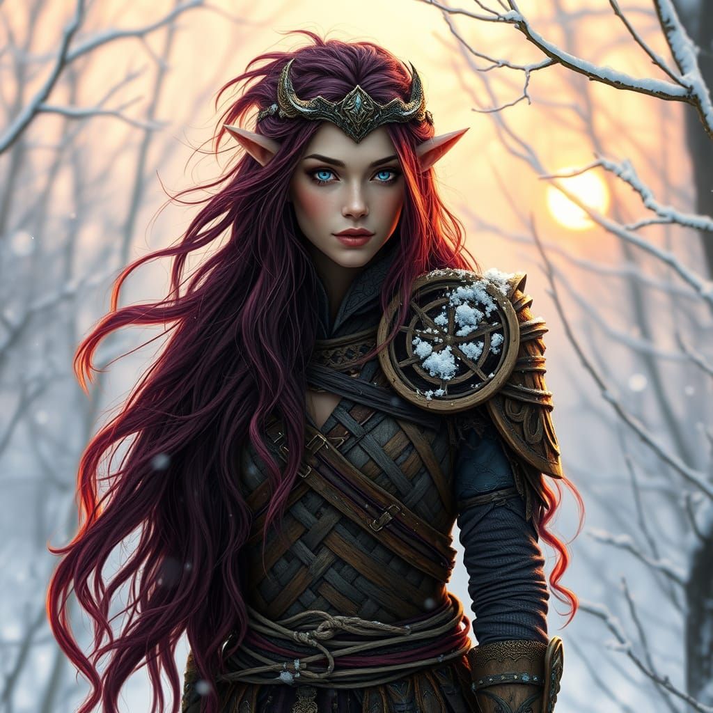 Elven Druid in Wooden Armor Amidst Winter Wonderland