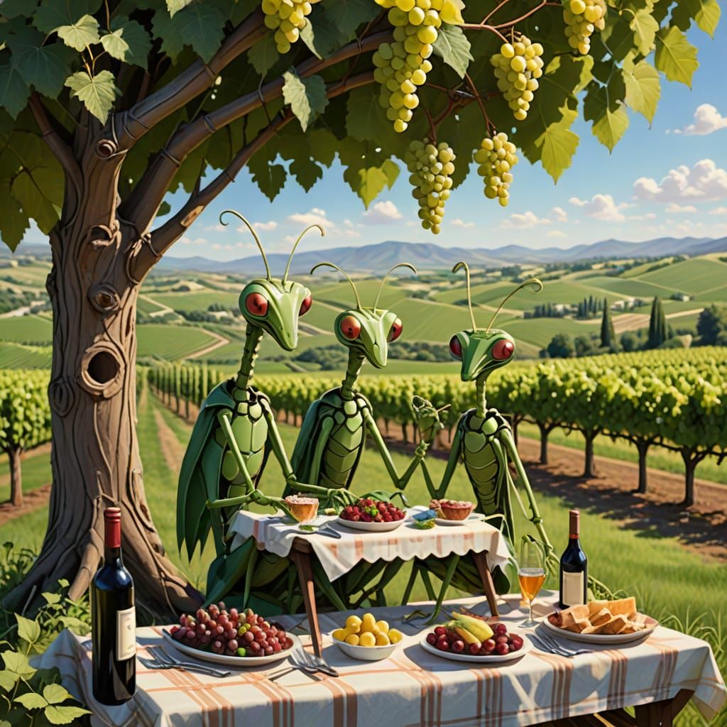 Elegant Mantis Family Picnic Amidst Grapevine Arbor