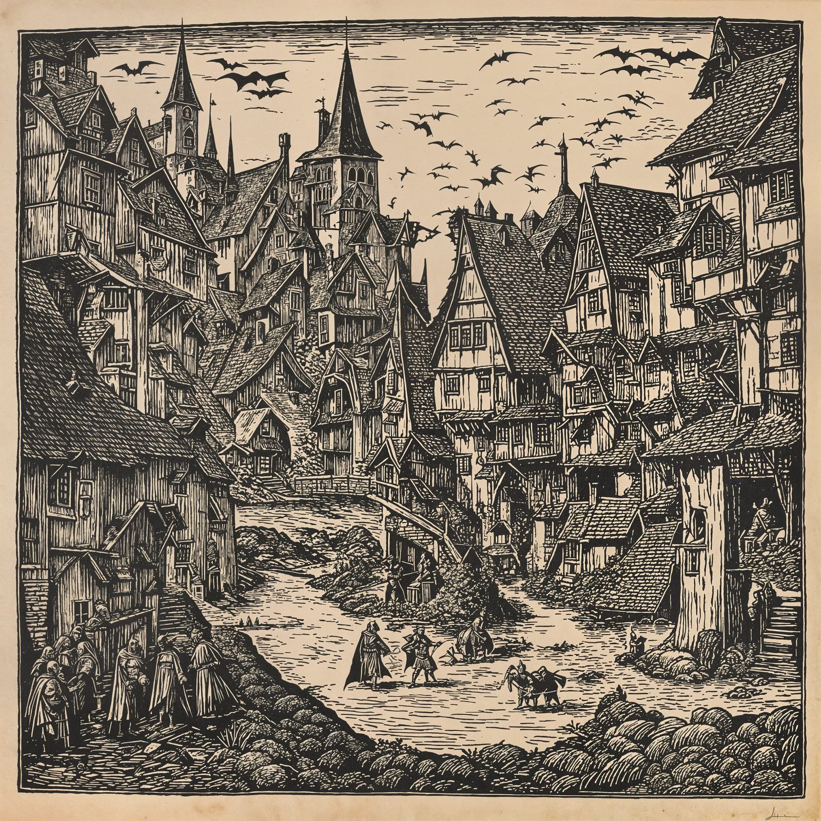 Medieval Village Woodcut with Batman Theme