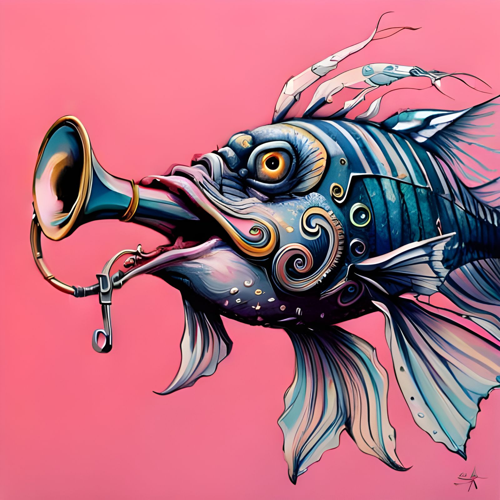 Happy Fish Blowing Trumpet: Digital Portrait