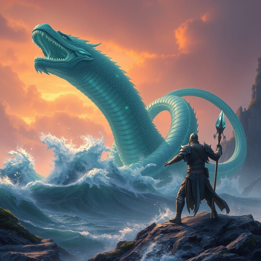 Ethereal Sea Monster Engages Land Warrior in Turbulent Coast...