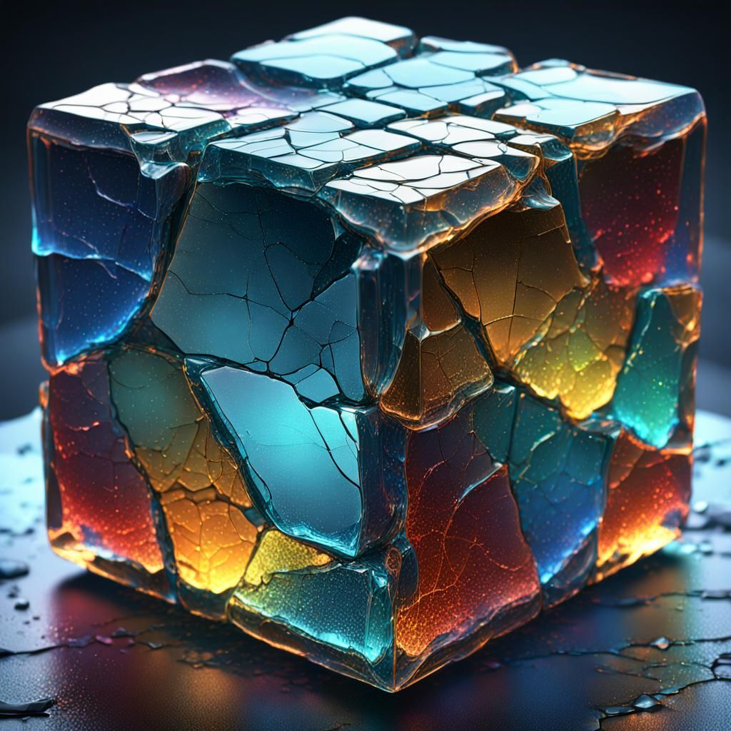 Four Dimensional Cracked Glass Cube in Detailed Matte Painti...