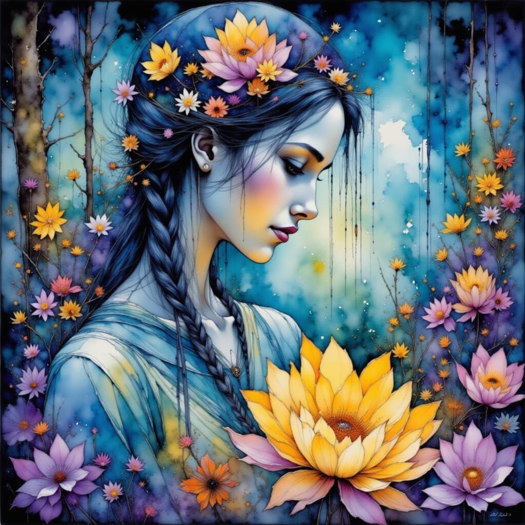 Goddess in Celestial Garden Watercolor Impasto Painting