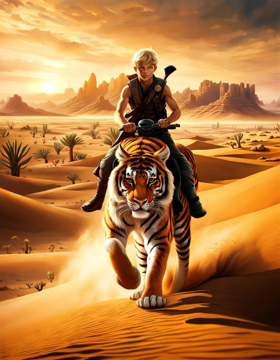 Boy and Tiger Ride Through Desert Landscape