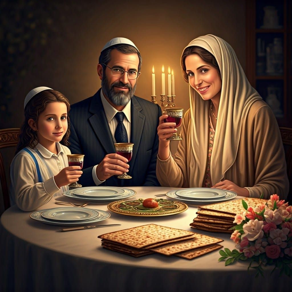 Jewish Family Celebrates Passover in Elegant Digital Paintin...