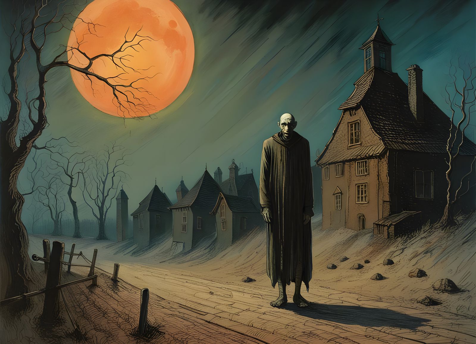 Nosferatu in Abandoned Village, Beksiński Style