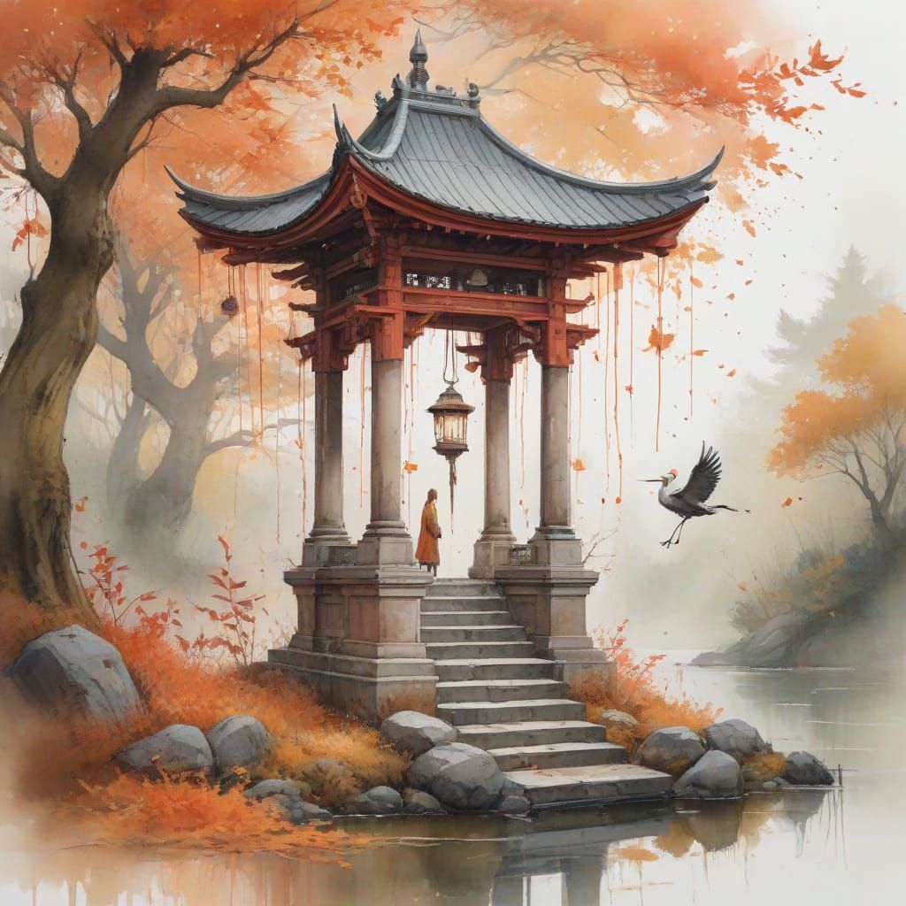 Autumn Temple Crane in Expressive Watercolour