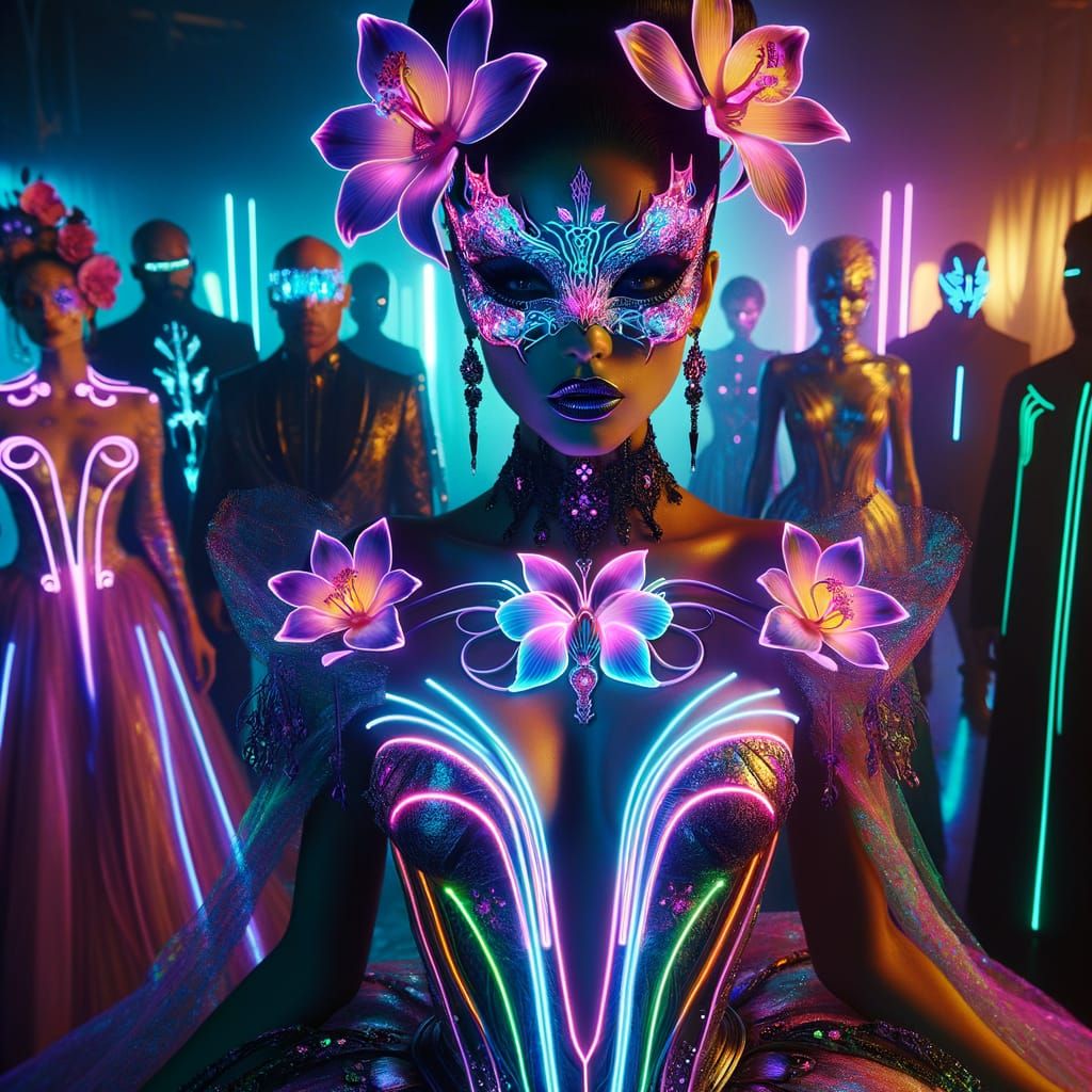 Ethereal Hispanic Goddess in Neon Ball Gown with Psychedelic...