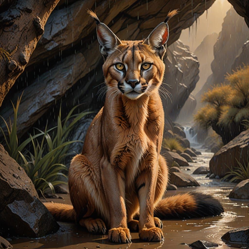 Hyper-Realistic Caracal in Desert Cave