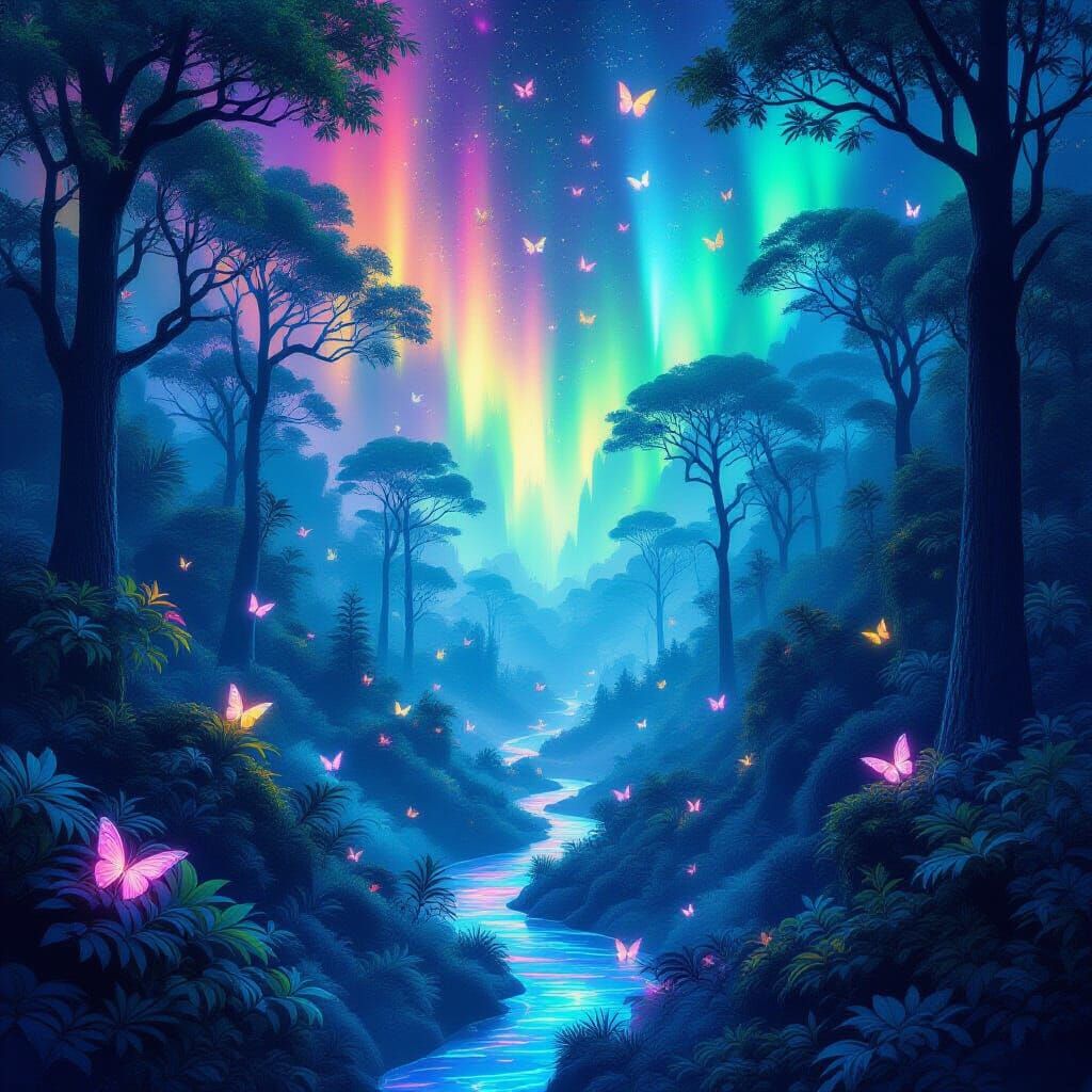 Dreamlike Forest Canopy with Neon Gradients and Glowing Bird...