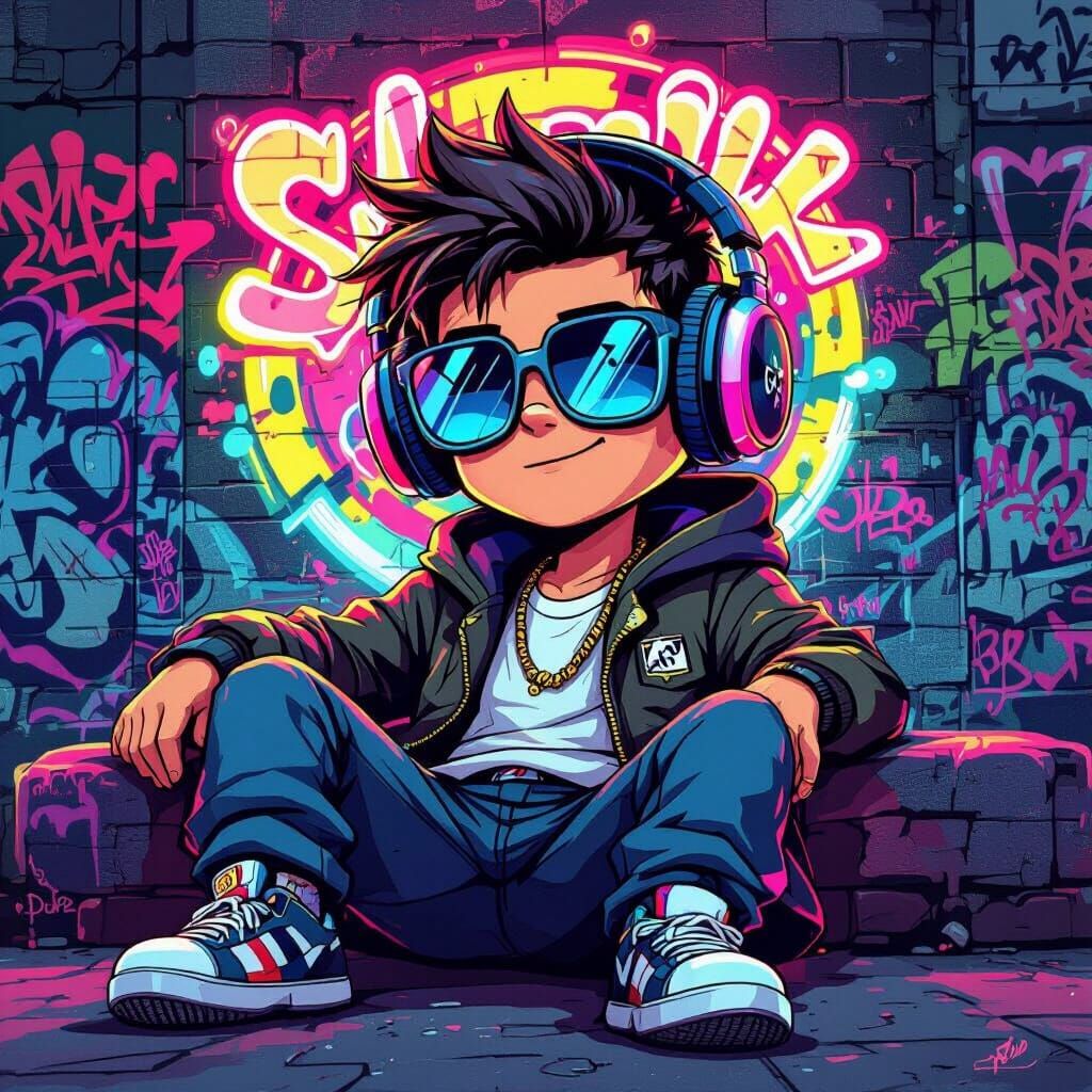 Cool Character in Neon Graffiti Urban Art Style