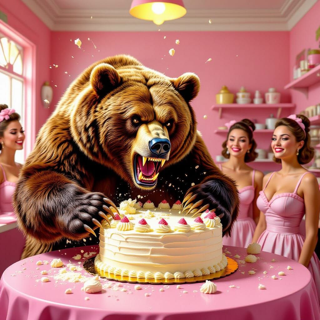 Enraged Bear Destroys Cake in Pink Patisserie