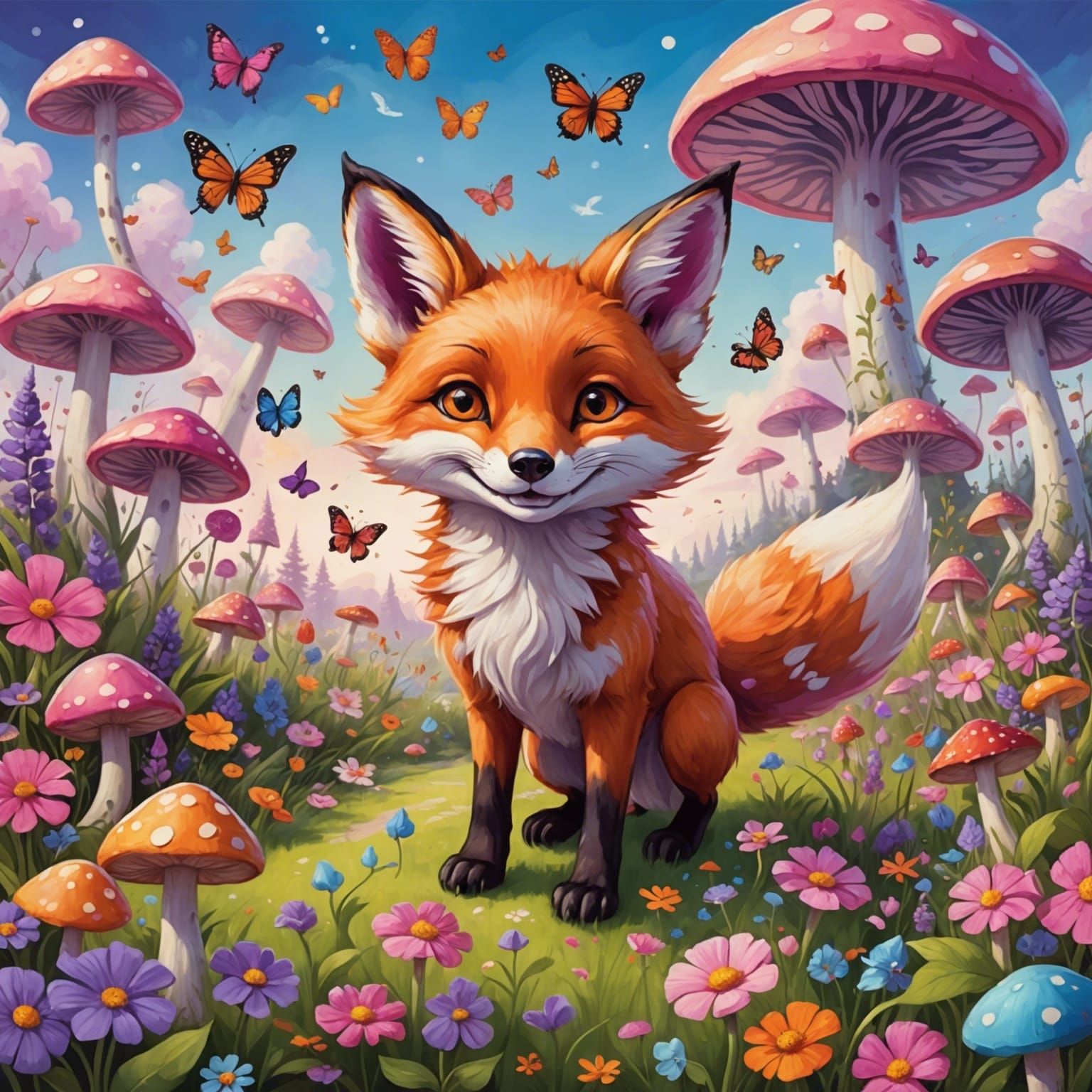 Cartoon Fox Chasing Butterflies in Whimsical Wonderland