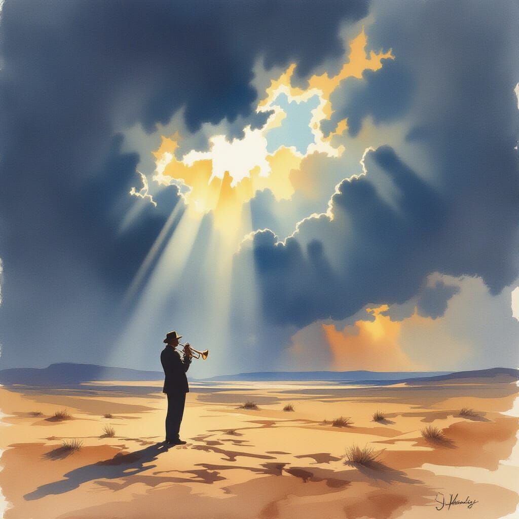 Trumpet Player in Stormy Desert Landscape Watercolor